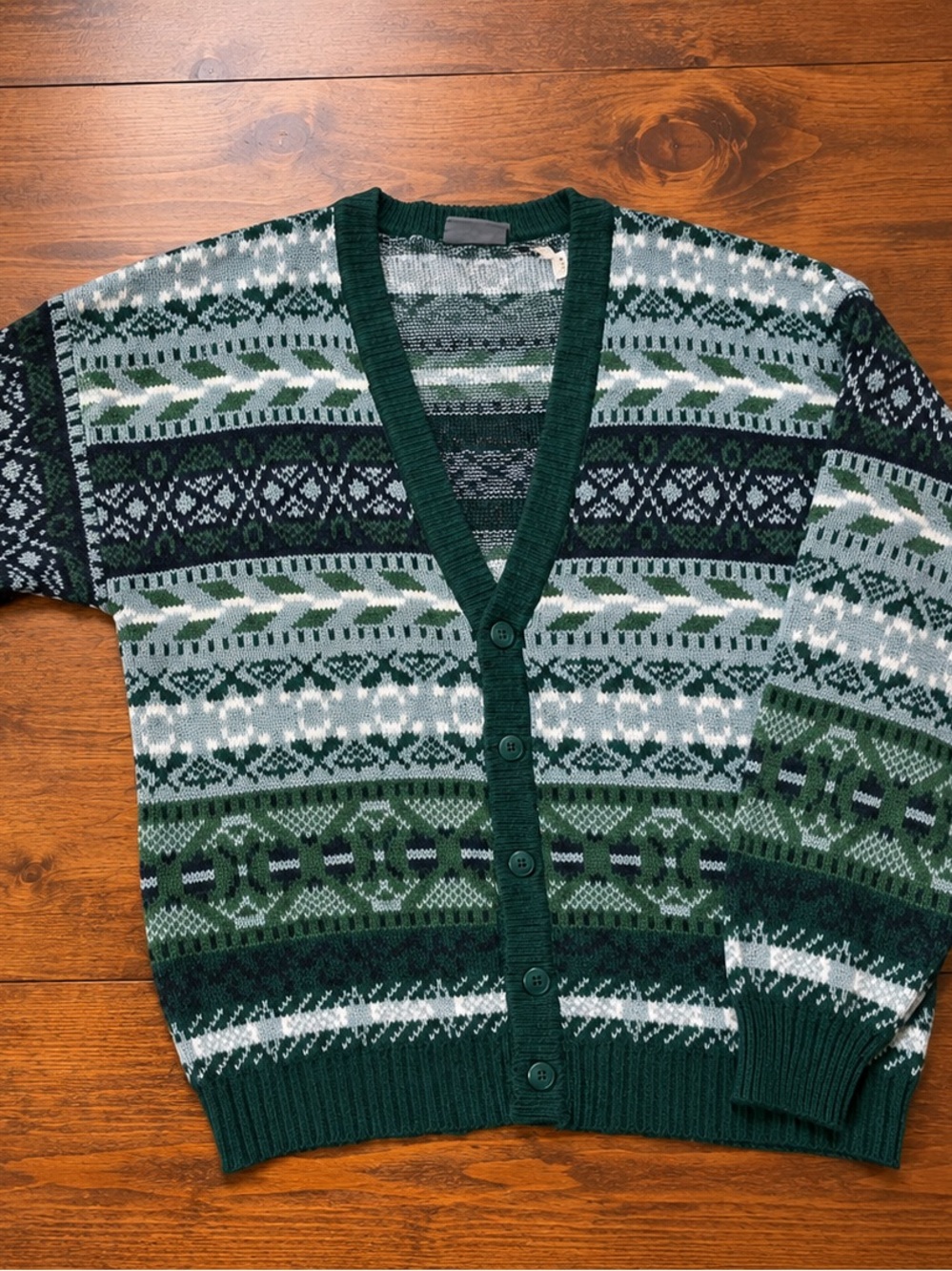 Vintage State Nordic Fair Isle Cardigan Sweater L – Wool Blend Green